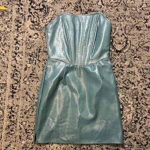 Teal vegan leather crocodile pattern  Strapless Dress